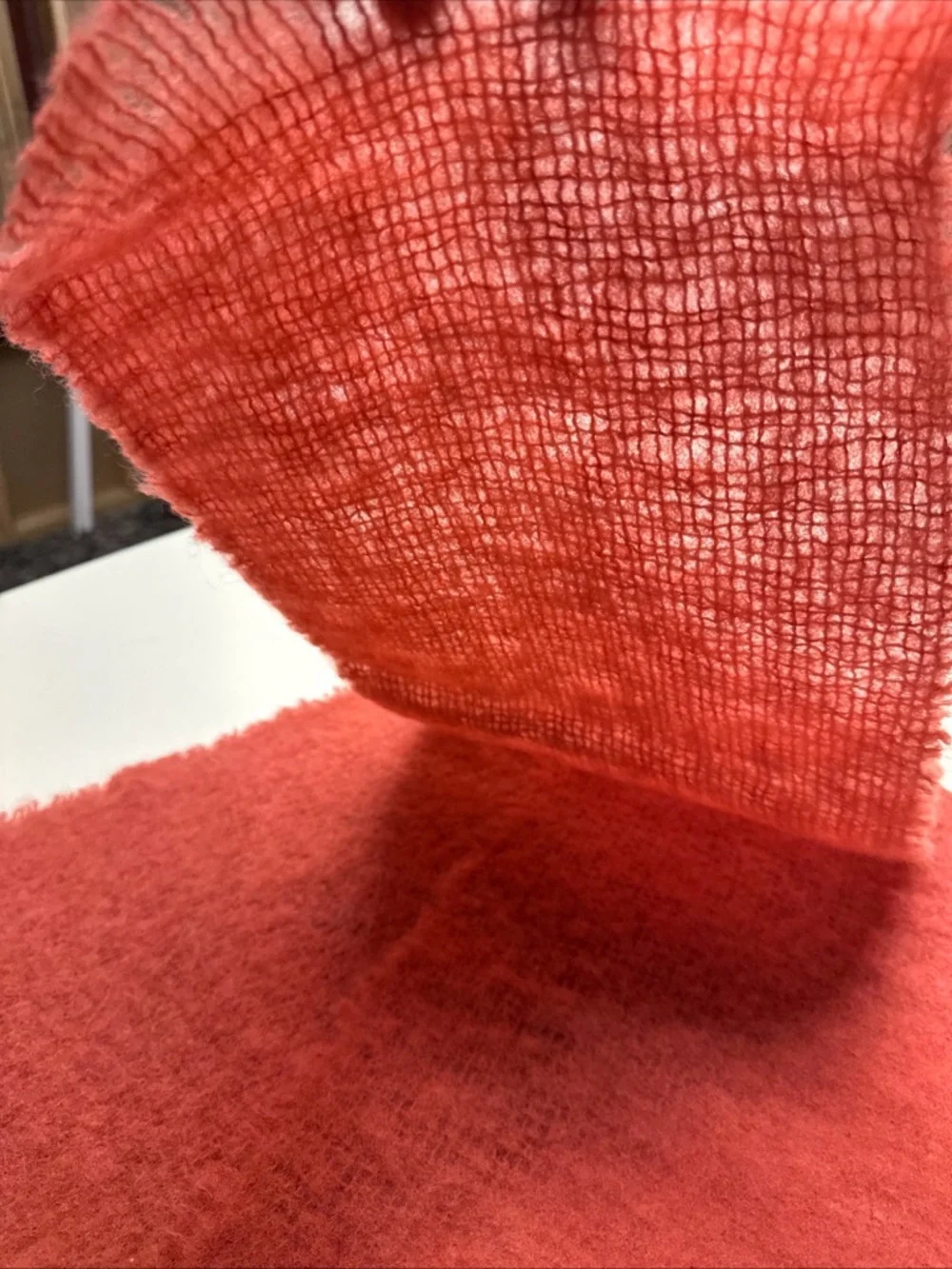 Heather Glen Scotland Mohair Wool Coral Pink Red Scarf‎ 68”x9” Loose Knit Unisex